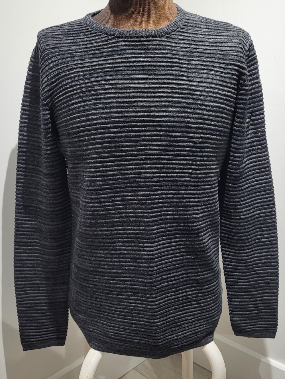 Solid Men's Ribbed Crewneck Long Sleeve Sweater Large Charcoal Grey Cool Weather